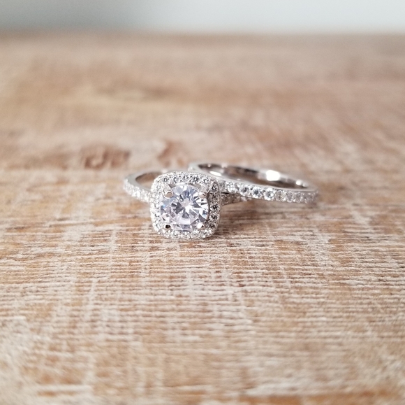 Sterling Silver Halo Simulated Diamond Ring Set - Picture 3 of 6